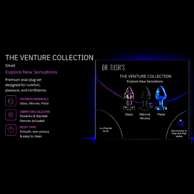 Dr. Tush’s Venture Collection - Deluxe Anal Plug Set – Vibrating Silicone, Glass & Metal - Medium