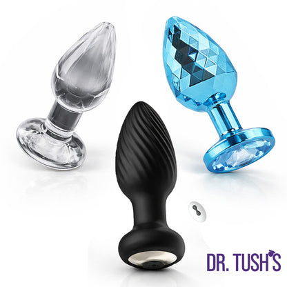 Dr. Tush’s Venture Collection - Deluxe Anal Plug Set – Vibrating Silicone, Glass & Metal - Medium