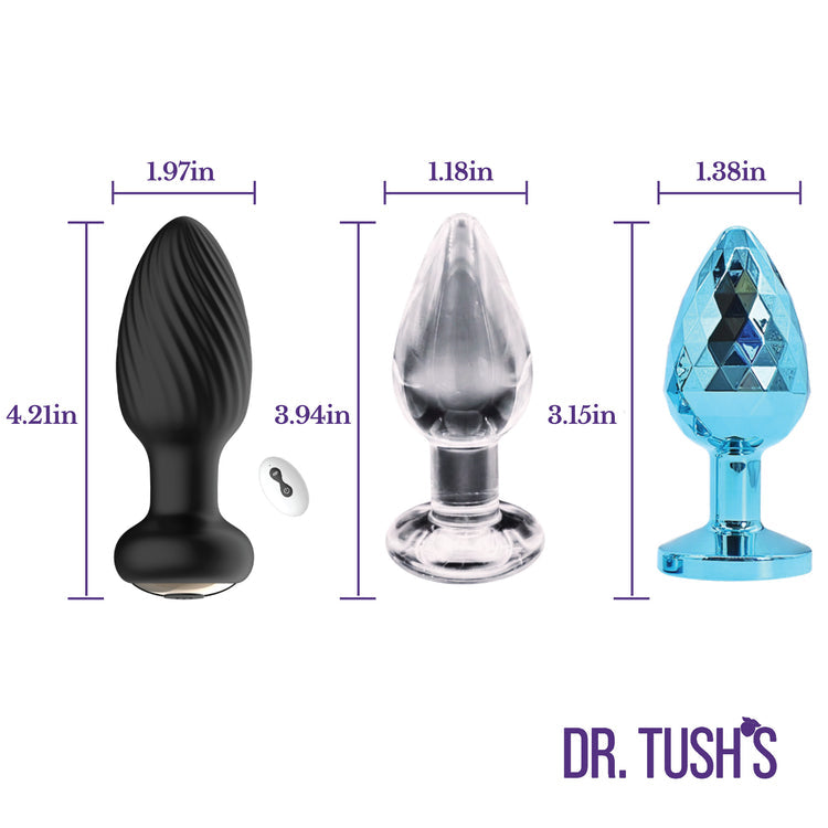 Dr. Tush’s Venture Collection - Deluxe Anal Plug Set – Vibrating Silicone, Glass & Metal - Medium