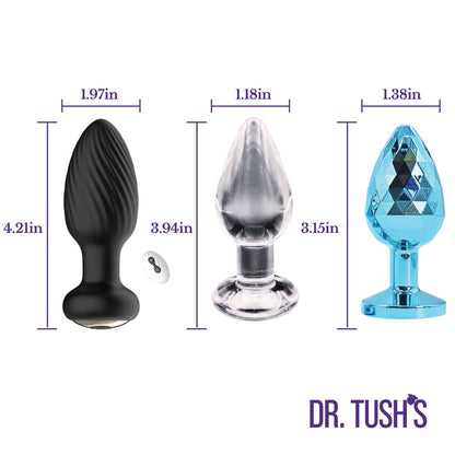 Dr. Tush’s Venture Collection - Deluxe Anal Plug Set – Vibrating Silicone, Glass & Metal - Medium