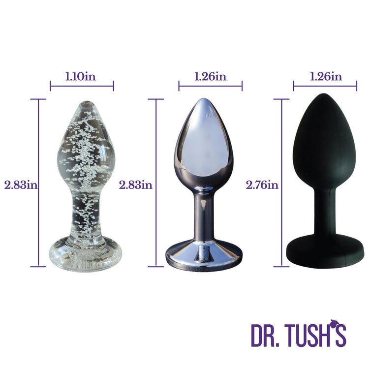Dr. Tush’s Beginner, The First Step Anal Plug Set – Glass, Metal & Silicone