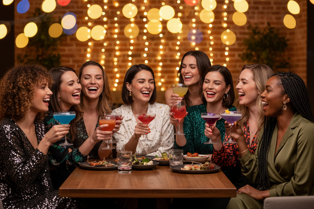 make a fun ladies night image that shows women laughing with a drink in hand